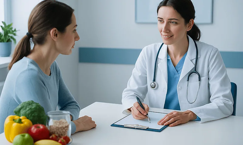 Doctor consulting patient about health in a medical office.