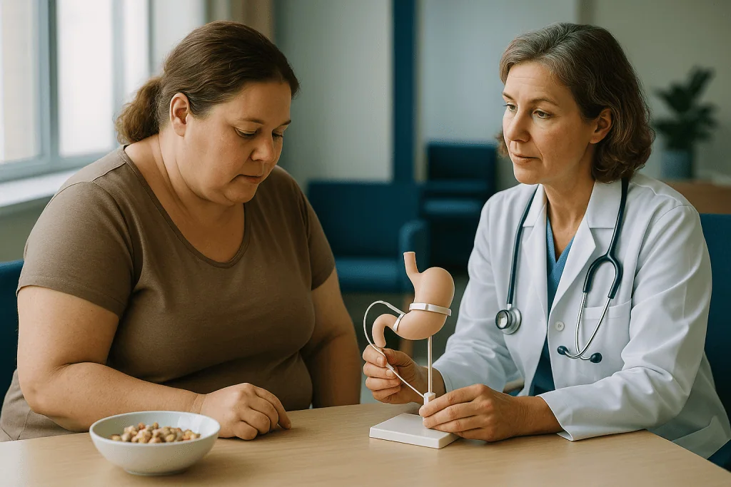 Doctor showing digestive model to patient during consultation: How does an adjustable gastric band work day to day?