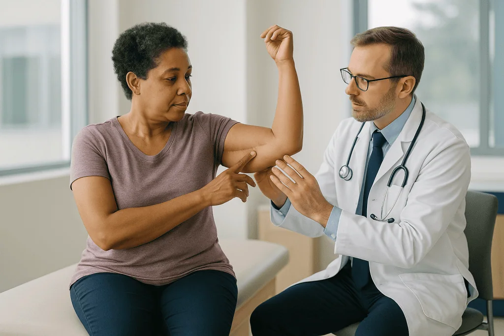 Doctor examining patient's arm during consultation: How does an arm lift revision actually work?
