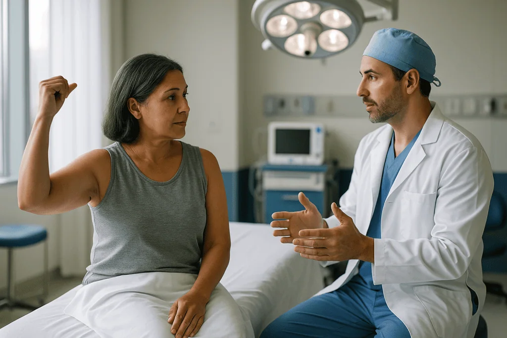 Doctor consulting patient about arm flexion or movement: How does an arm lift work? What actually happens in the operating r