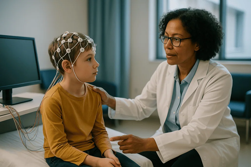 Child receiving EEG test with electrodes, neurologist observing: How does an EEG actually work?