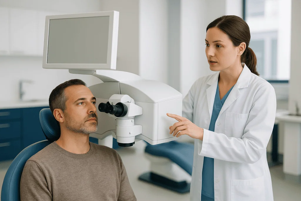 Ophthalmologist demonstrating laser equipment to seated patient: How does an eye laser actually work?
