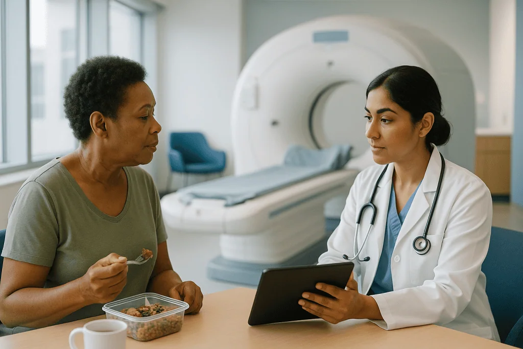 Doctor consulting patient with food during hospital visit: How does an FDG PET scan light up active inflammation in cardiac 