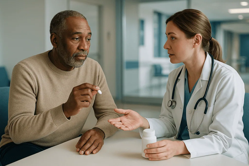 Doctor consulting with male patient in clinical setting: How does an NAC supplement relate to glutathione?
