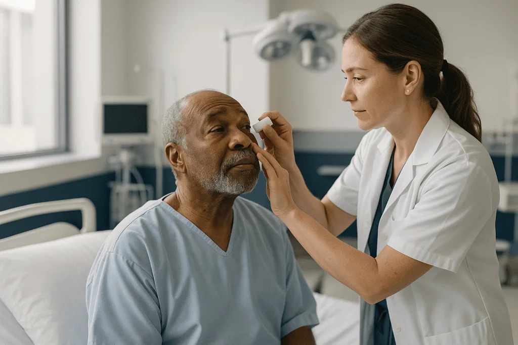 Female doctor examining senior male patient's eye: How does anesthesia for eye surgery actually work?