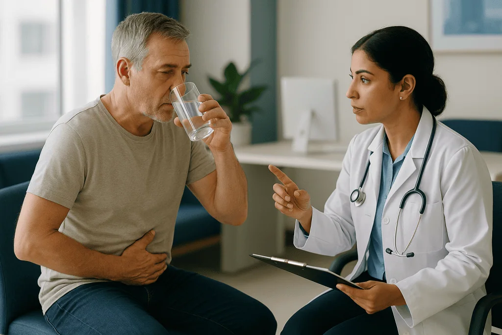 Doctor consulting male patient about urological condition: How does bacteria reach the prostate? What actually happens insid