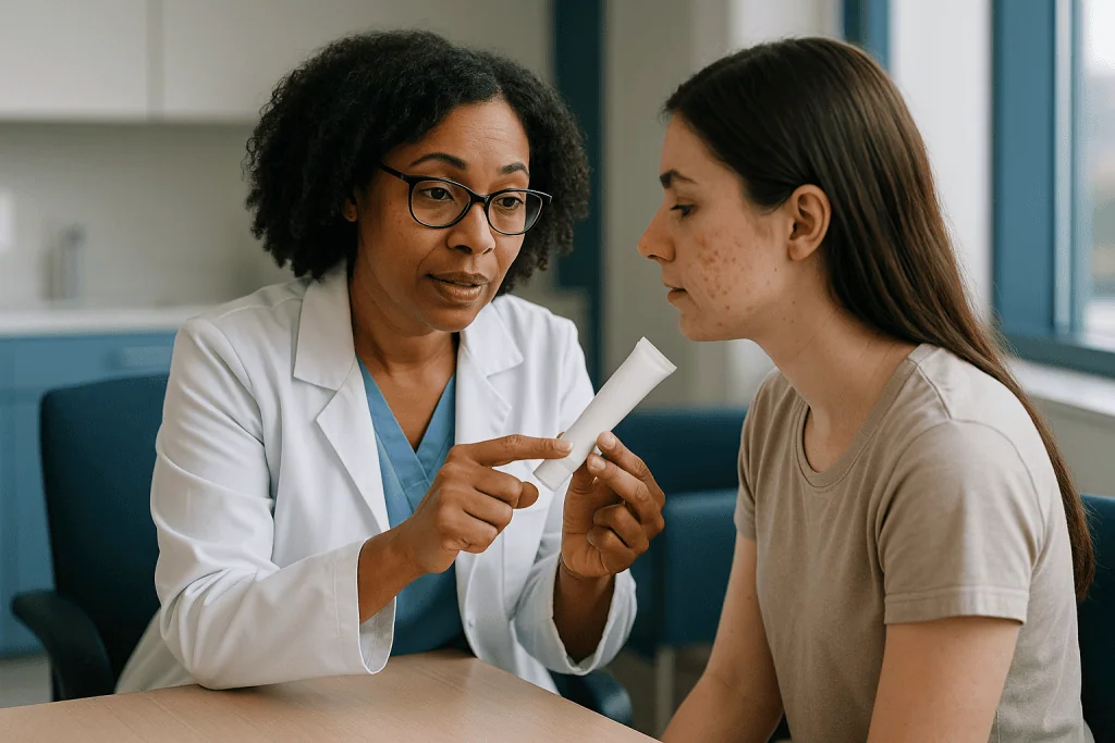 Doctor consulting patient about skin condition treatment: How does benzoyl peroxide work on acne?