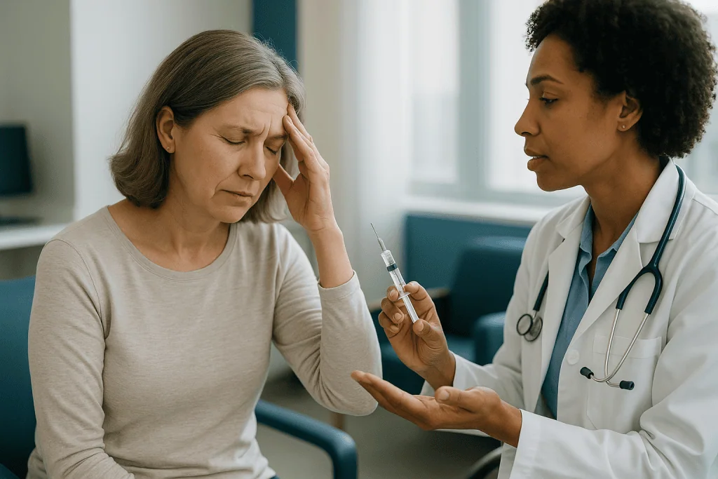 Doctor presenting syringe to concerned middle-aged patient: How does botulinum toxin actually work in the body?