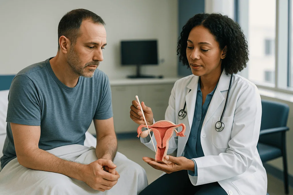 Doctor consulting male patient about reproductive health model: How does brachytherapy actually work inside the body?