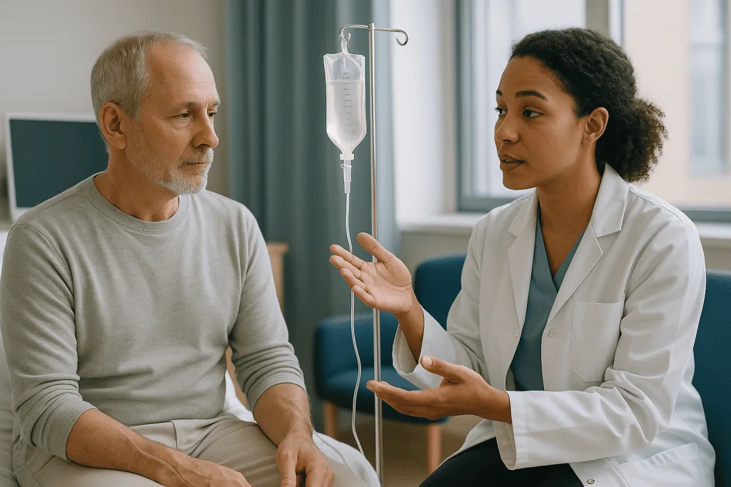 Healthcare provider consulting patient with IV drip: How does CAR-T cell therapy work, in plain language?