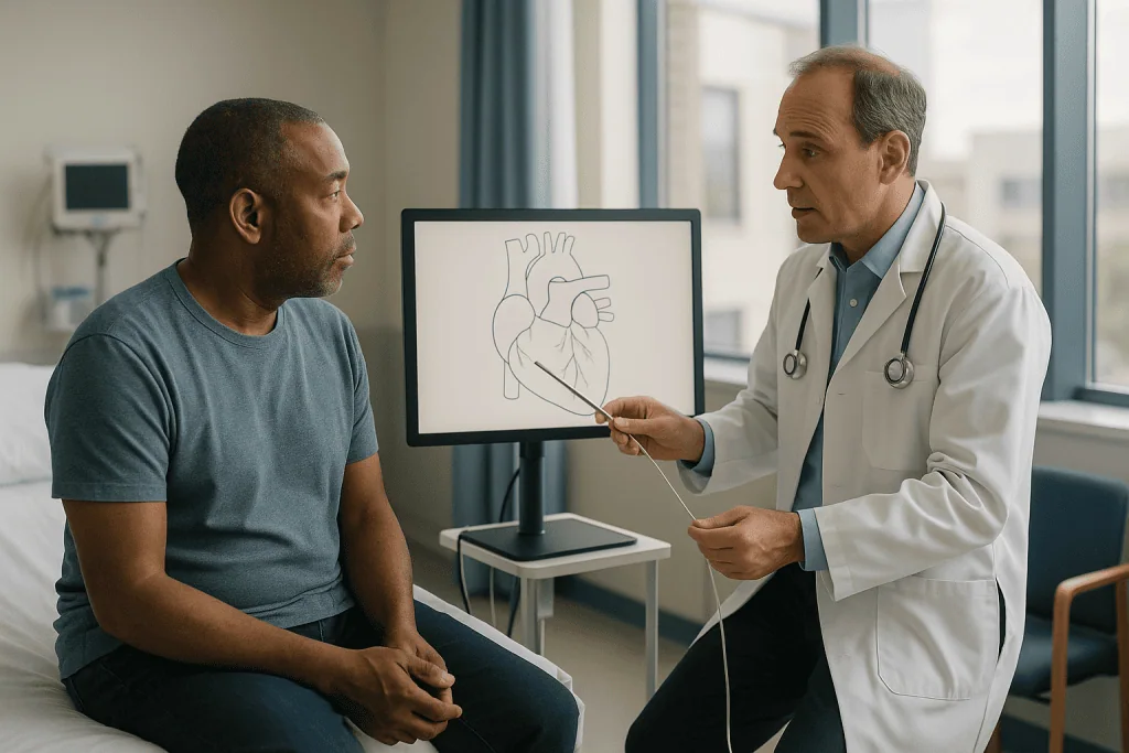 Cardiologist explaining heart anatomy to adult patient: How does catheter ablation actually work?
