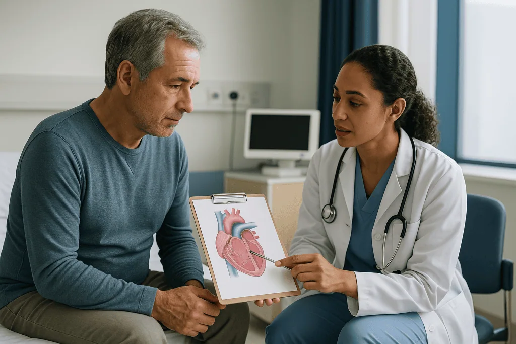 Cardiologist discussing heart diagram with middle-aged male patient: How does catheter ablation work, step by step?