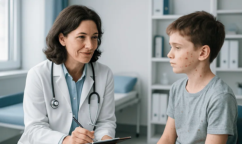 Doctor consulting with a young patient in a medical office.