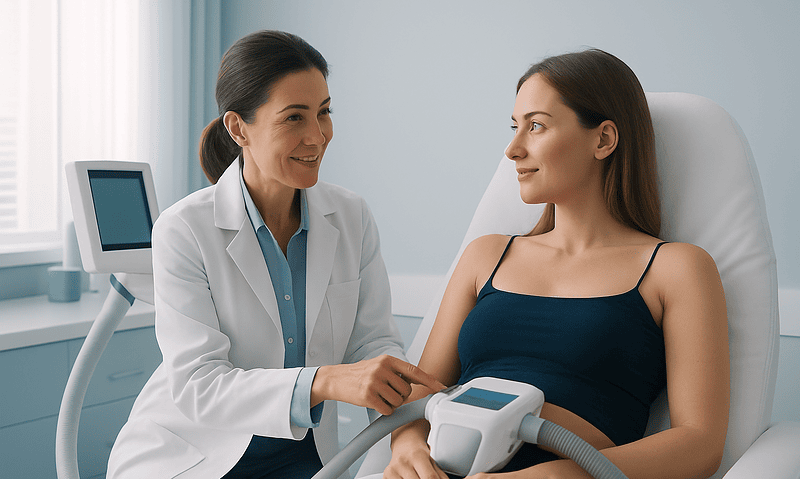 Medical professional performing CoolSculpting treatment on patient.