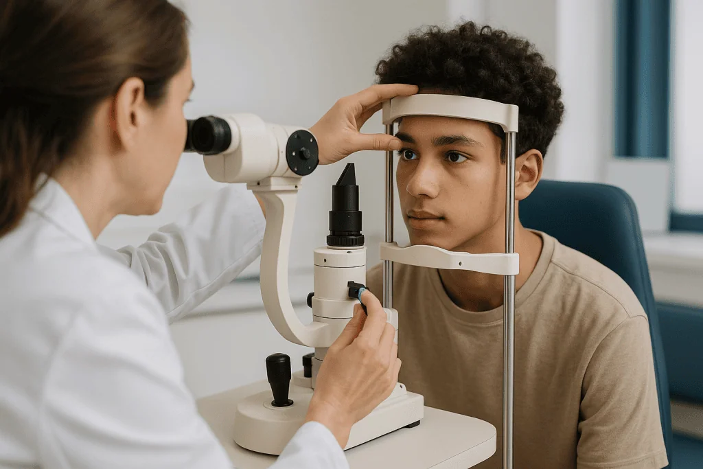 Optometrist performing slit-lamp eye examination on teenager: How does corneal cross-linking actually work?