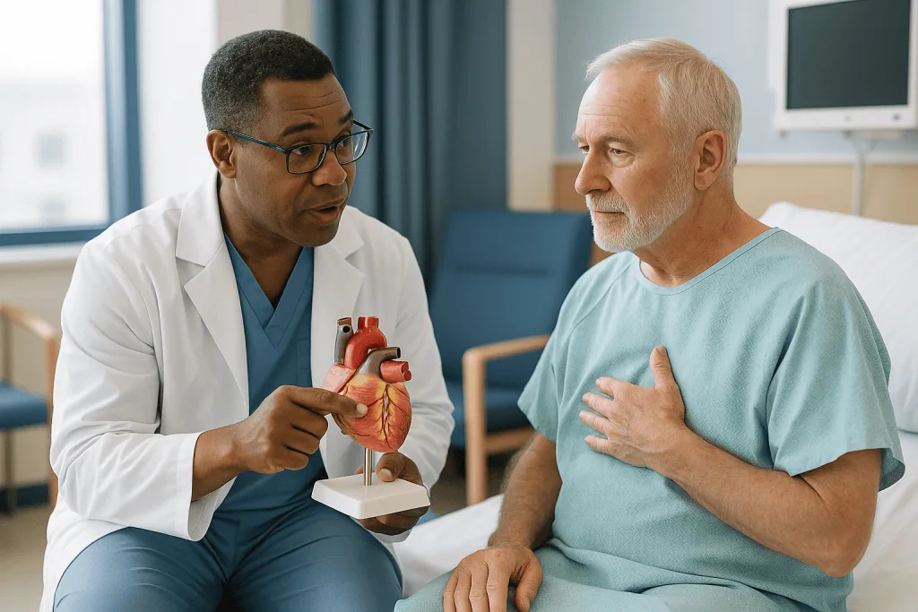 Cardiologist explaining heart anatomy to senior patient: How does coronary bypass surgery actually work inside the chest?