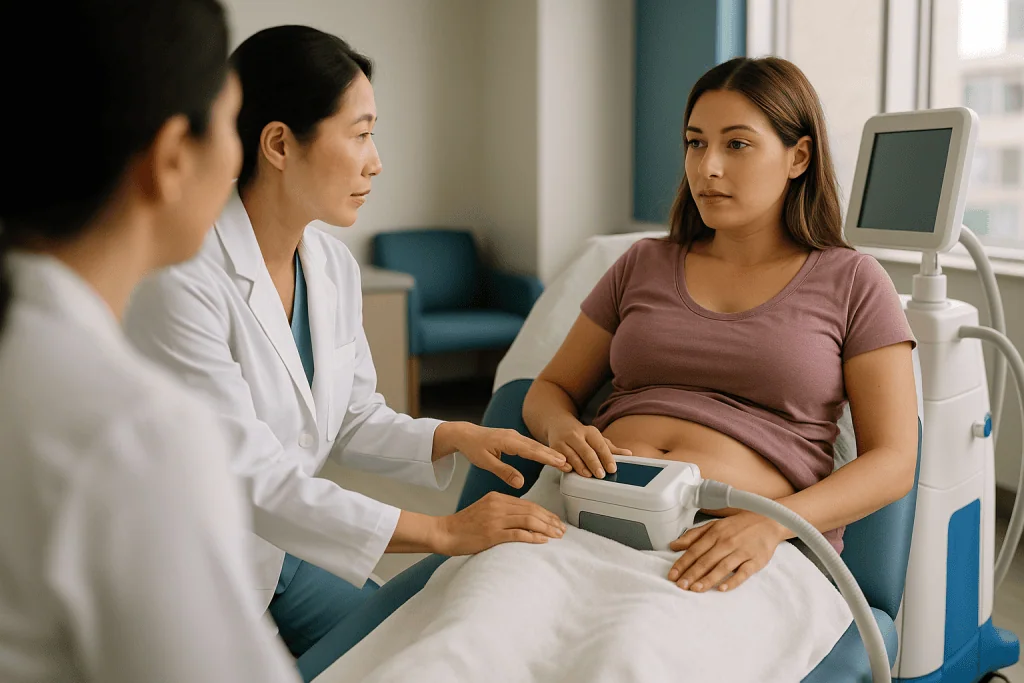 Pregnant woman receiving ultrasound examination from doctor: How does cryolipolysis, or fat freezing, actually work?