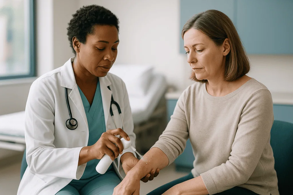 Doctor examining patient's arm during consultation: How does cryotherapy actually work on skin?