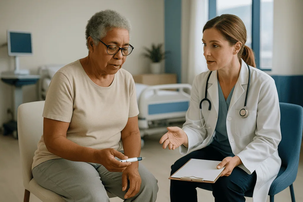 Doctor consulting with older patient in clinical setting: How does diabetes affect hip replacement surgery?