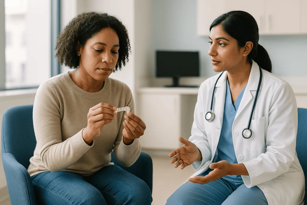 Doctor consulting patient in clinical office setting: How does early cavity treatment without filling actually work?