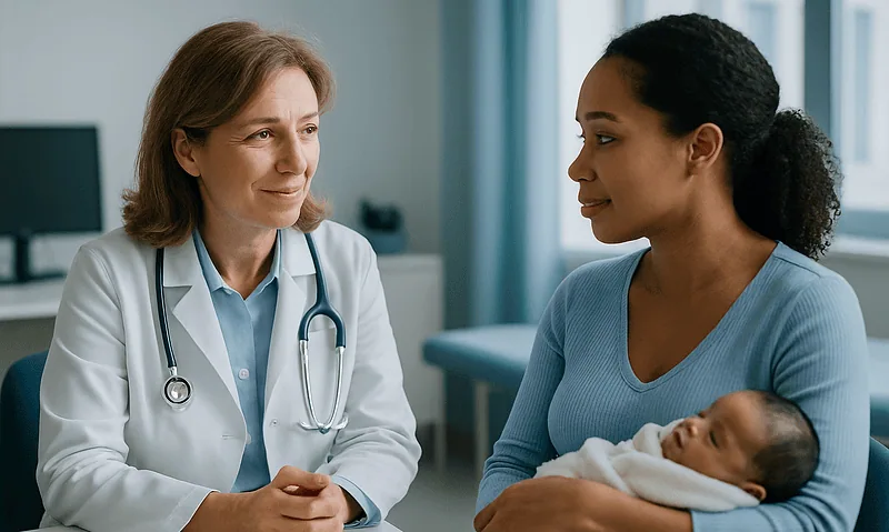 Pediatrician consulting with mother and newborn in hospital setting.