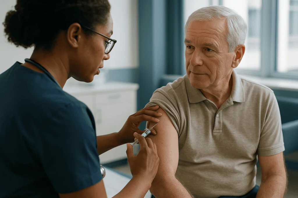 Healthcare provider administering injection to senior adult patient — How does eligibility differ in the UK and international