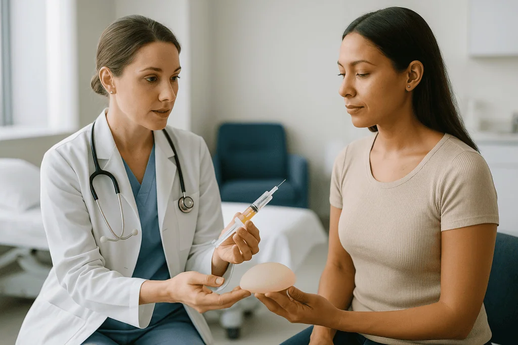 Doctor consulting patient with breast implant model: How does fat transfer breast augmentation work, step by step?