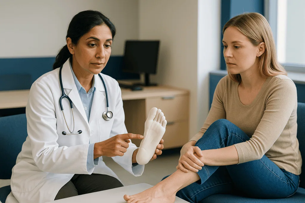 Doctor examining patient's foot in clinical setting: How does foot feminization surgery work? What actually happens