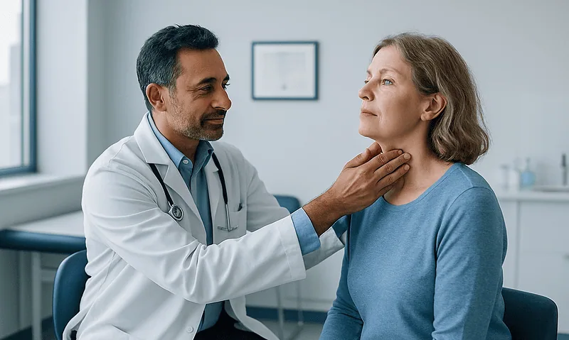 How Does Glottoplasty Raise Vocal Pitch? Endoscopic Pitch-Raising Surgery Explained 7 ENT specialist examining a woman's throat in a medical consultation room.