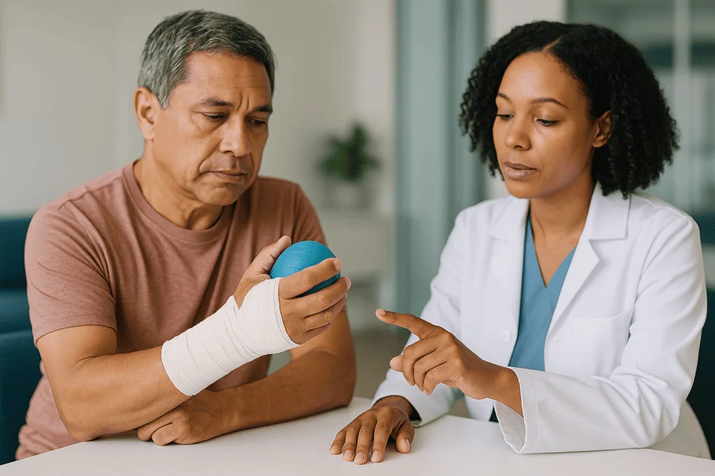 Healthcare provider examining patient's bandaged hand with therapy ball: How does hand therapy after surgery actually work?