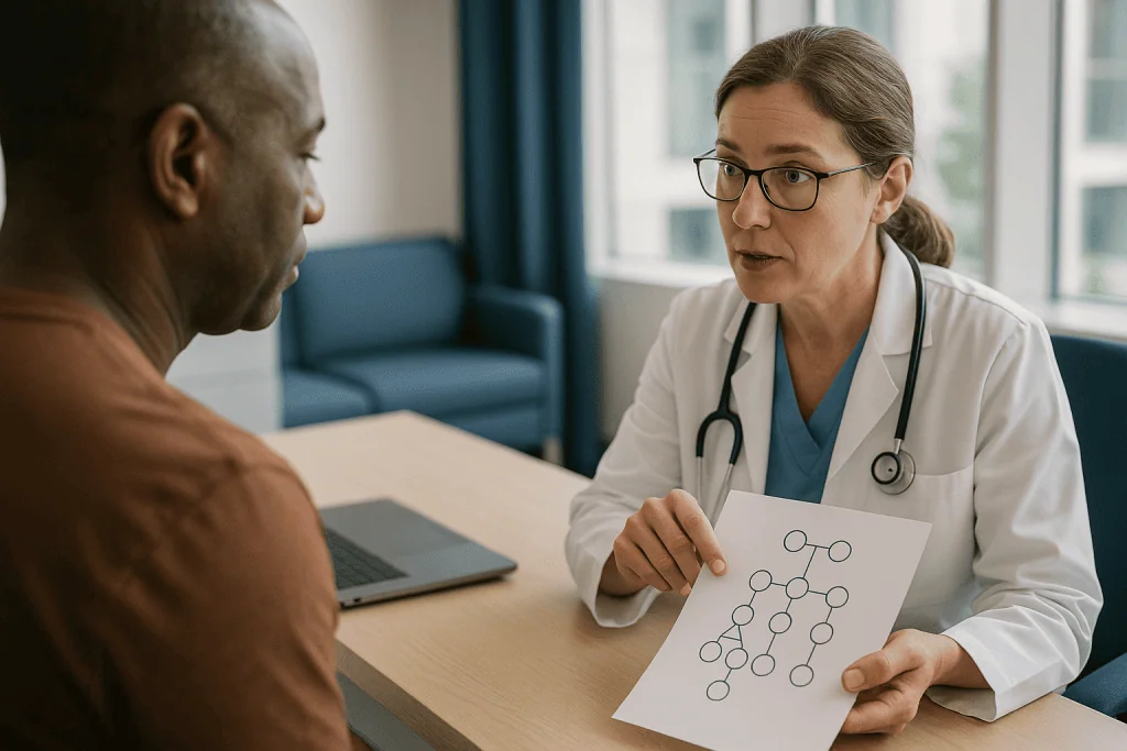 Doctor consulting patient with diagram showing network connections: How does HLA matching for bone marrow transplant work?