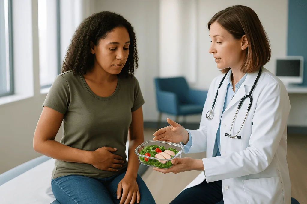 Doctor consulting patient about healthy salad nutrition: How does IBD treatment actually work in the gut?