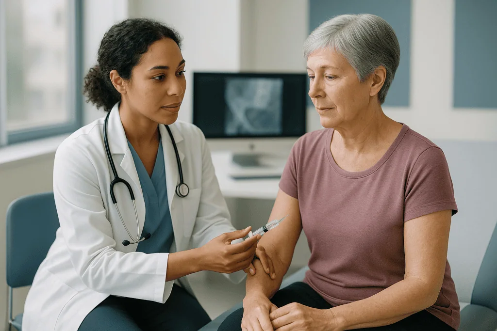 Doctor administering injection to senior female patient: How does image guidance actually work during an injection?