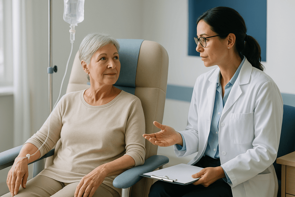 Doctor consulting with older female patient in clinical setting: How does immunotherapy work against lung cancer?