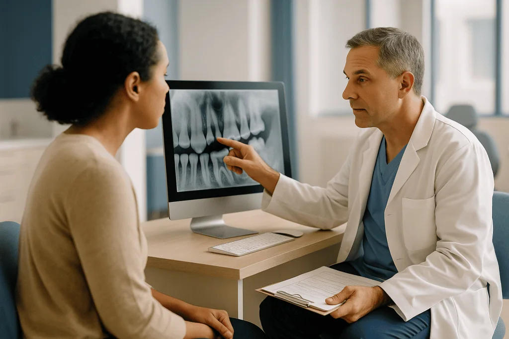 Dentist reviewing dental X-ray with patient consultation: How does infection at the root tip show up on a root canal x ray?