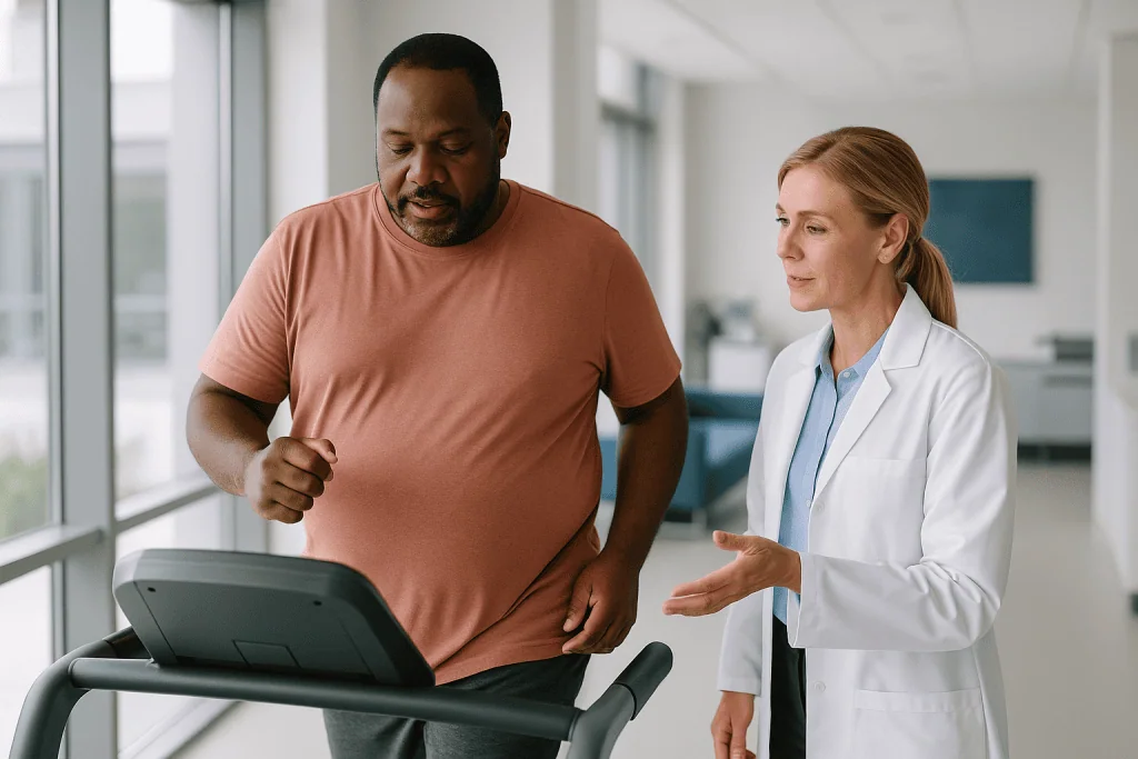 Doctor monitoring patient on treadmill during cardio exercise: How does it work: the loop that links fat, insulin and pressu