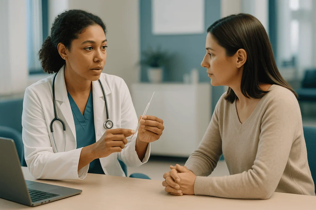Female doctor in white coat consulting patient at desk: How does IUI work, step by step?