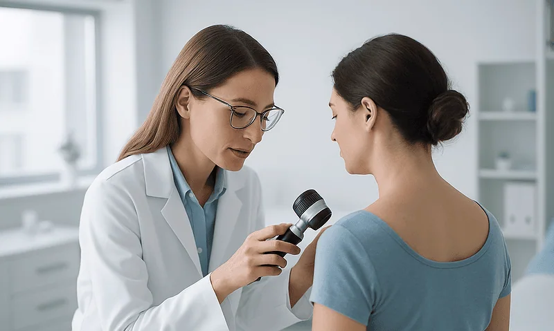 Doctor examining patient's skin with dermatoscope in clinic.