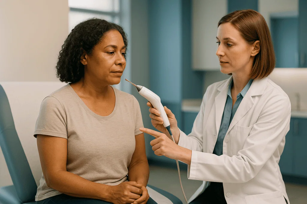 Doctor consulting patient with handheld medical device: How does J Plasma work under the skin?