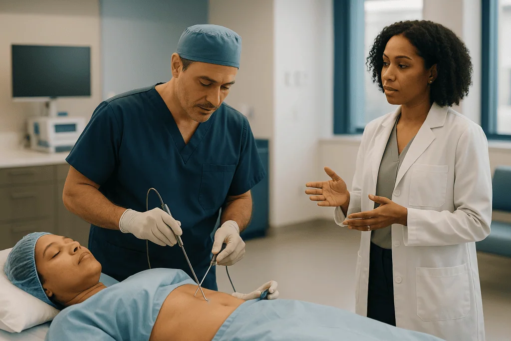 Doctor performing ultrasound examination on patient's chest: How does J Plasma work with liposuction?