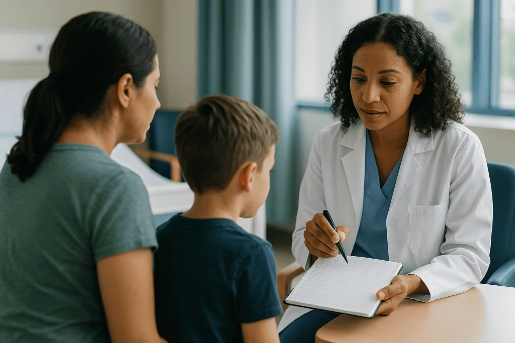 Doctor consulting with mother and child in clinic: How does keeping a seizure log template actually work day to day?