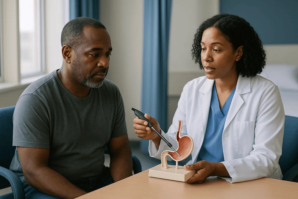 Doctor explaining stomach anatomy model to patient: How does laparoscopic hiatal hernia repair actually work?