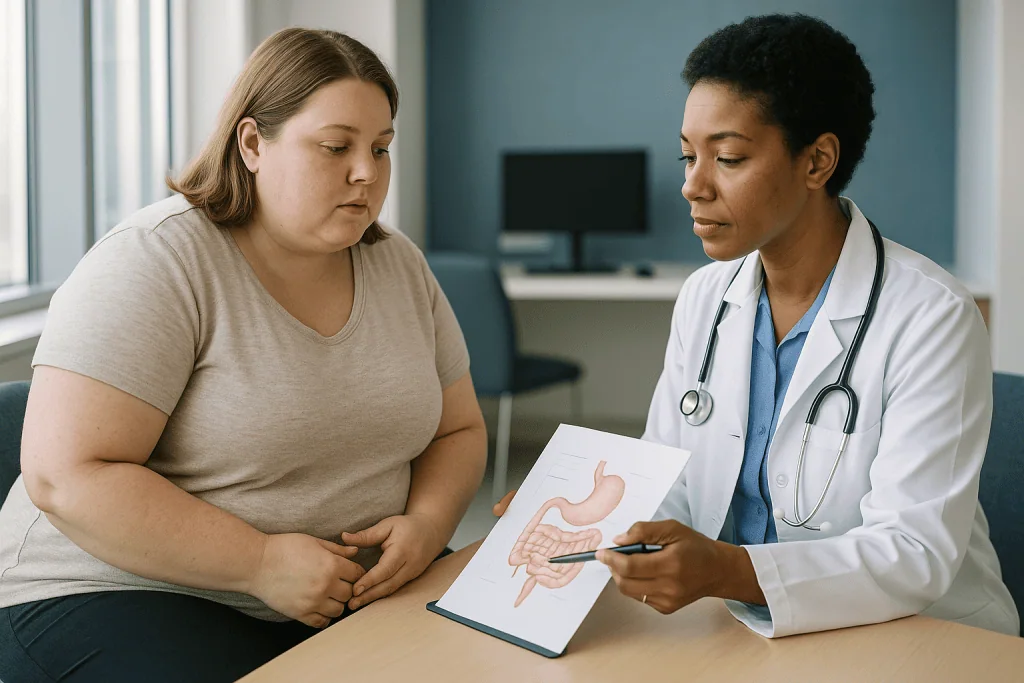 Doctor consulting patient about digestive system diagram: How does laparoscopic weight-loss surgery work, step by step?