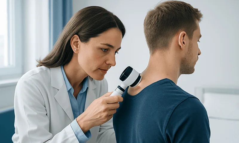 Doctor performing skin examination with a dermatoscope on a patient's neck.