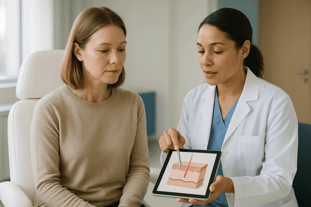 Dermatologist consulting patient about skin treatment on tablet: How does laser resurfacing work inside the skin?