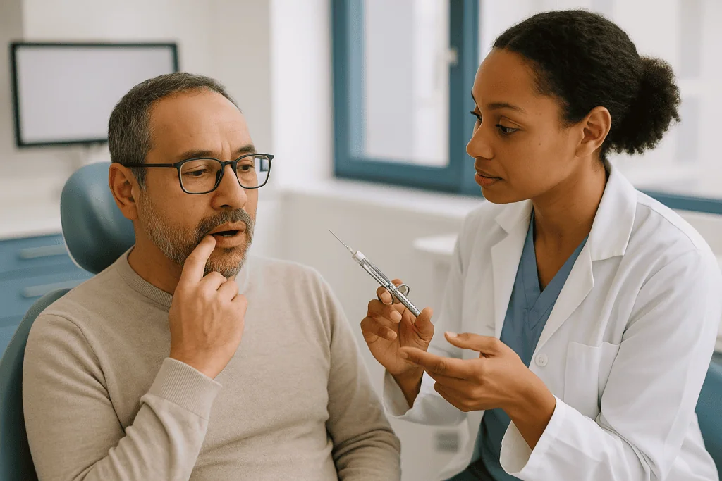 Healthcare provider consulting with patient holding syringe: How does local anesthesia actually work during oral surgery?