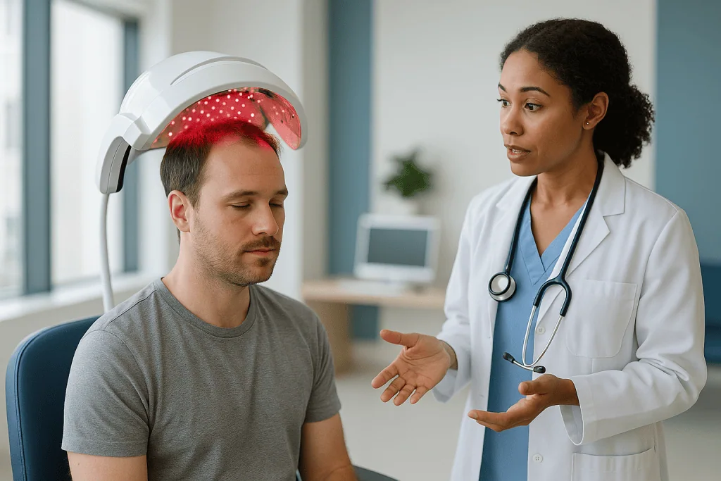 Doctor consulting male patient undergoing laser hair therapy treatment: How does low level laser therapy for hair loss actua