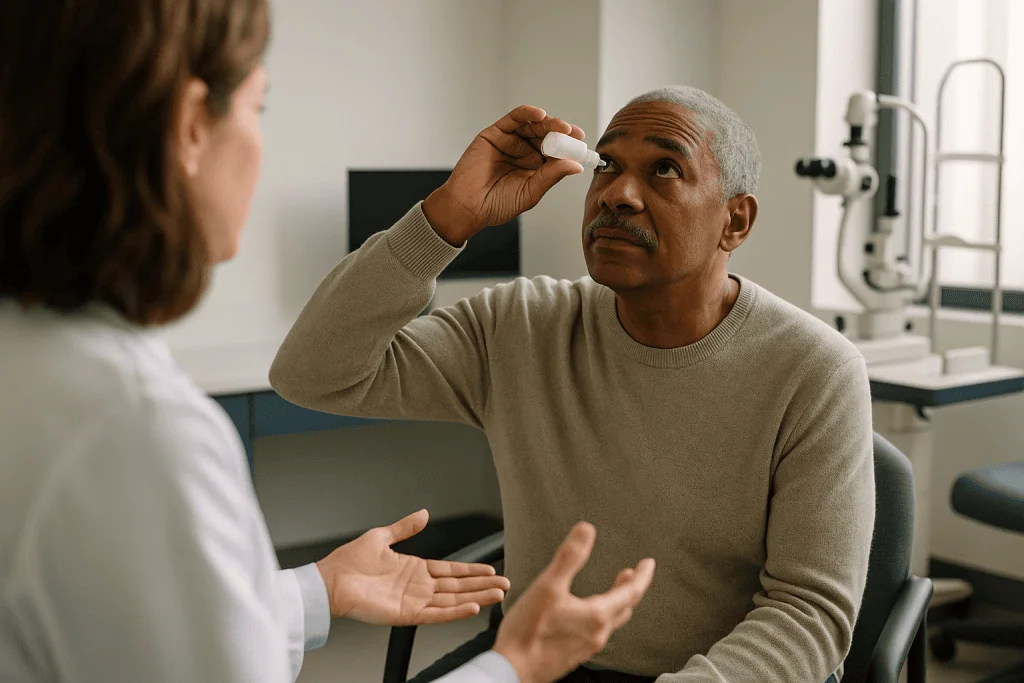 Ophthalmologist applying eye drops to patient during examination: How does lowering eye pressure protect the optic nerve?