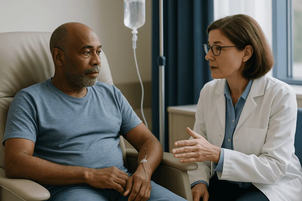 Doctor consulting with male patient in clinical setting: How does lutetium 177 PSMA work inside the body?