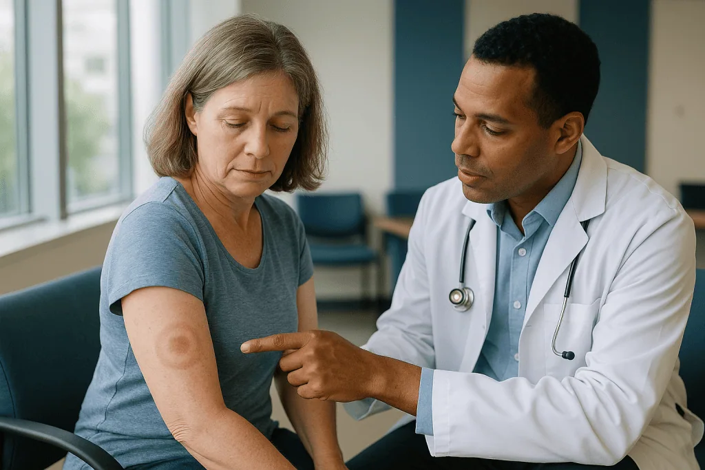 Doctor examining patient's arm in clinical setting: How does Lyme disease affect you? The bite, the bacterium, the timeline